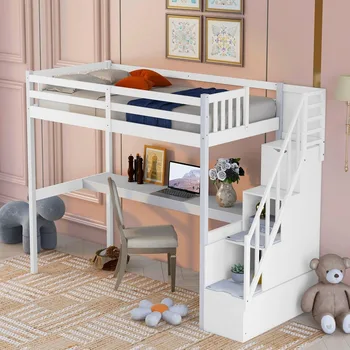 Letto a soppalco doppio con scrivania per bambini, letti a soppalco gemelli in legno massello con contenitore e scale, senza bisogno di molle (nuovo, bianco)