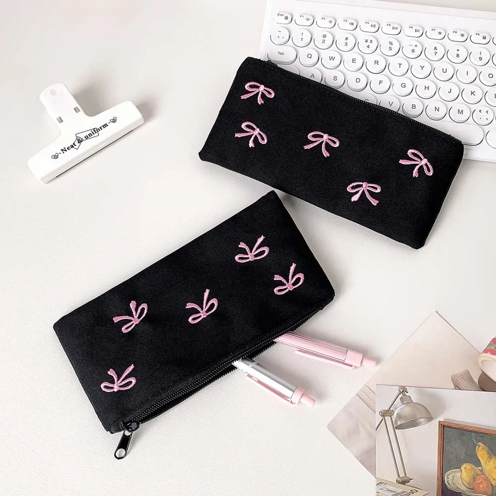 Bowknot Bow Stationery Bag Desktop Storage Black Pink Korean Style Pencil Case Ins Style Large Capacity Bow Pencil Pouch Office