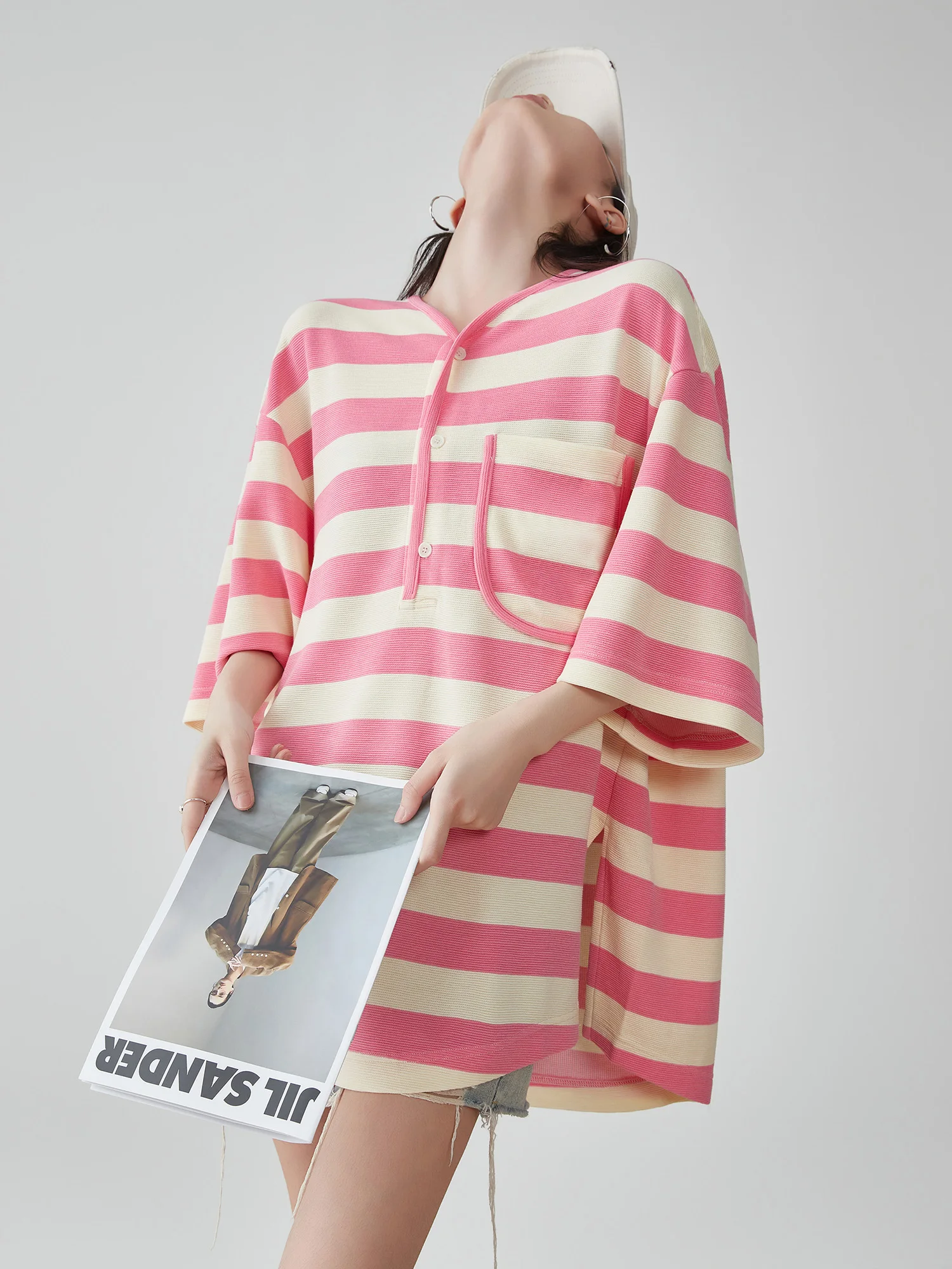 

Loose Knitted ort Sve T-irt Women's Summer Thin Polyester Creative Pattern Korean Sle Lazy Sle Pink Stripes Top