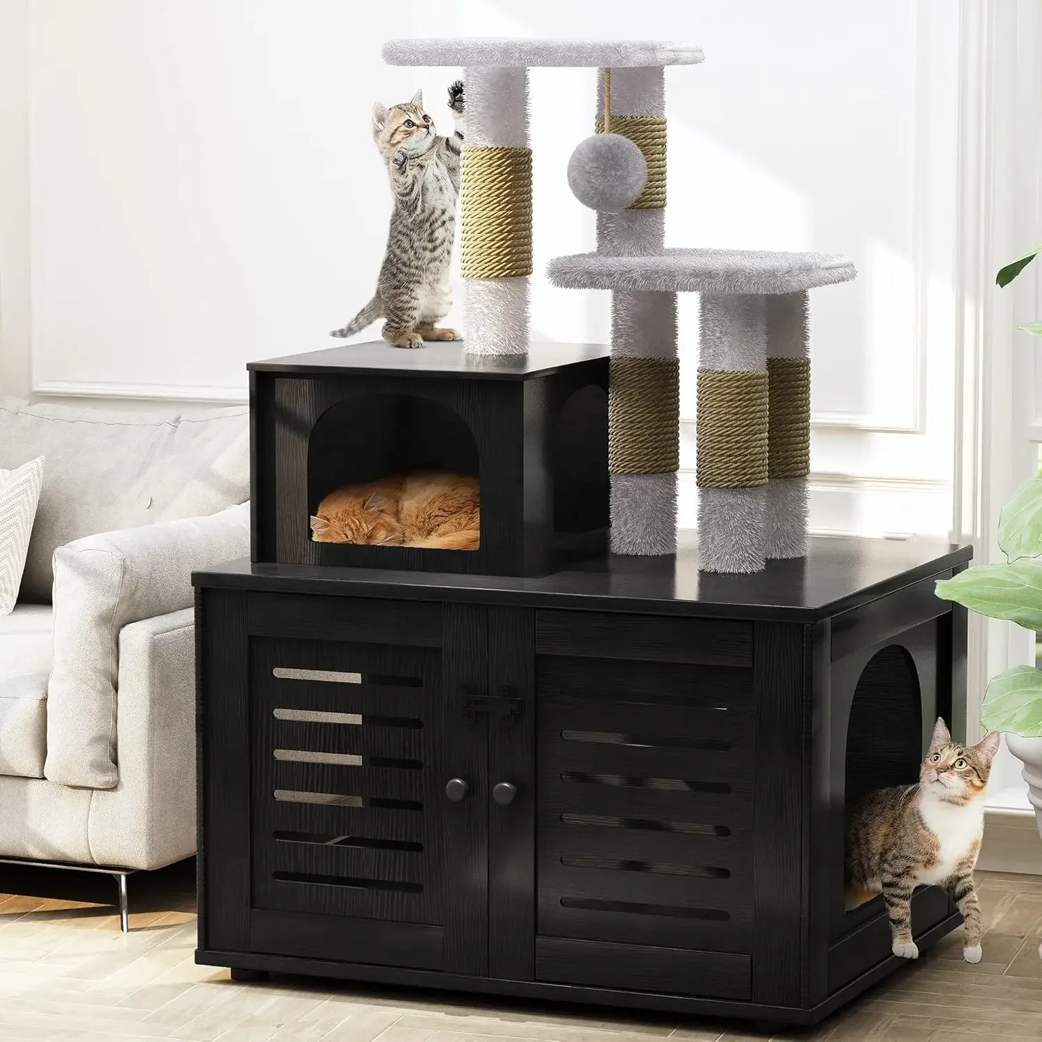 Litter Box Enclosure with Cat Tree, Hidden Washroom Furniture with Divider, Wooden