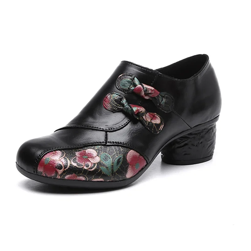 

5CM Cow Genuine Leather Women Spring Summer Flats Print Flower Rubber Platform Comfy Women Fashion Ethnic Ladies Round Boots