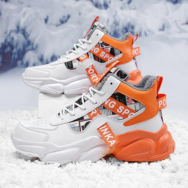 

New Fashion Letter Printed Mens High Top Sneakers Unisex Warm Plush Winter Sneakers Men Outdoor Platform Casual Sneakers for Men