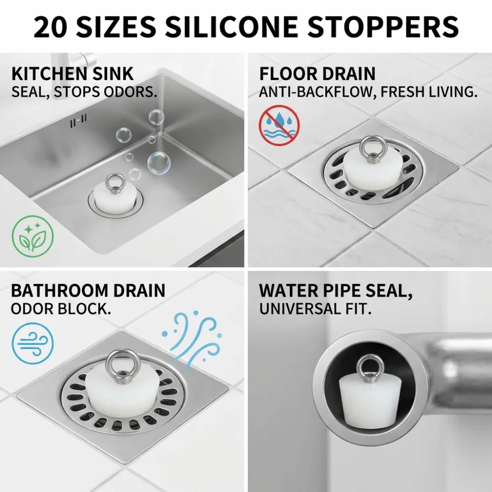Tapered Silicone Rubber Stopper Waterproof with Steel D Ring Sealing Plug Bung Universal Solid Tube Hole Plug Kitchen Sink