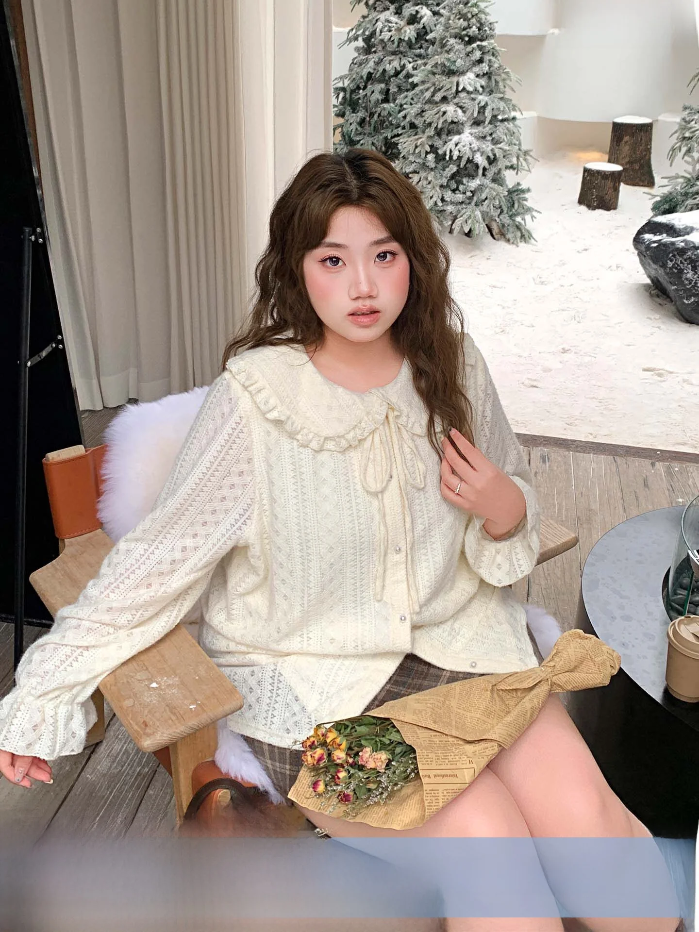 

YUZI Sweet Style Knitted Lace Open Cardigan Loose Long Sleeve Doll Collar Knot Inner Wear Top plus Size Women's Clo...