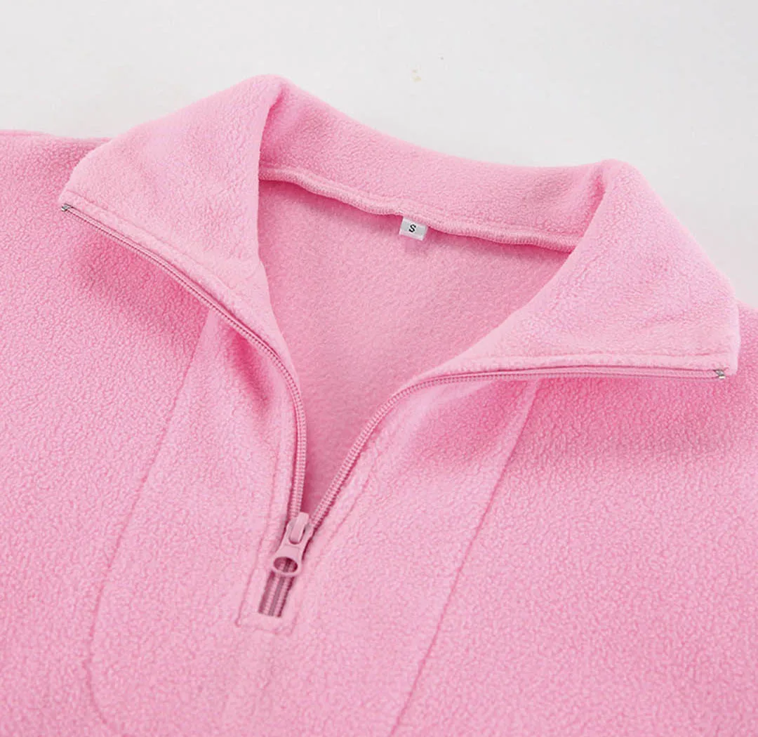 Modischer Sweatshirt mit Stehkragen aus Fleece für Damen, Herbst-Winter, einfarbig, lockerer Pullover, lässige Damenmode, halber Reißverschluss, Streetwear – Detail 16