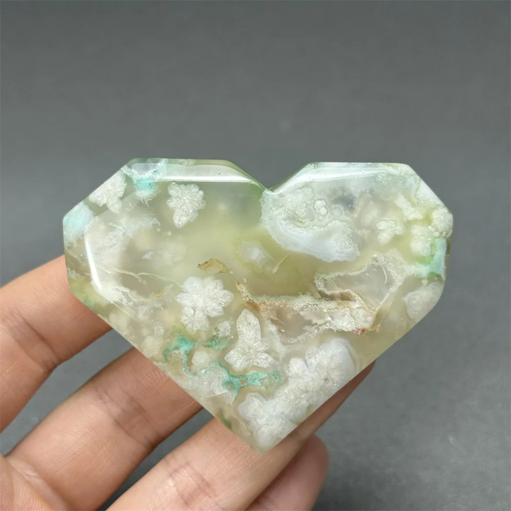 Natural Green Cherry Blossom Agate Heart-Shaped Ornaments Reiki Energy Healing Meditation Spiritual Home Decoration Gift