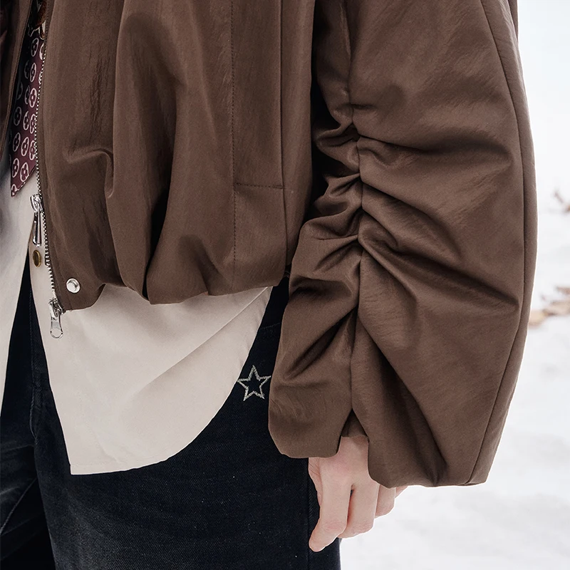 ELFSACK 2025, Winter-Neuheiten, Vintage-Stil, gestuft, Puffärmel, kurze Daunenjacke mit Rundhalsausschnitt für Damen