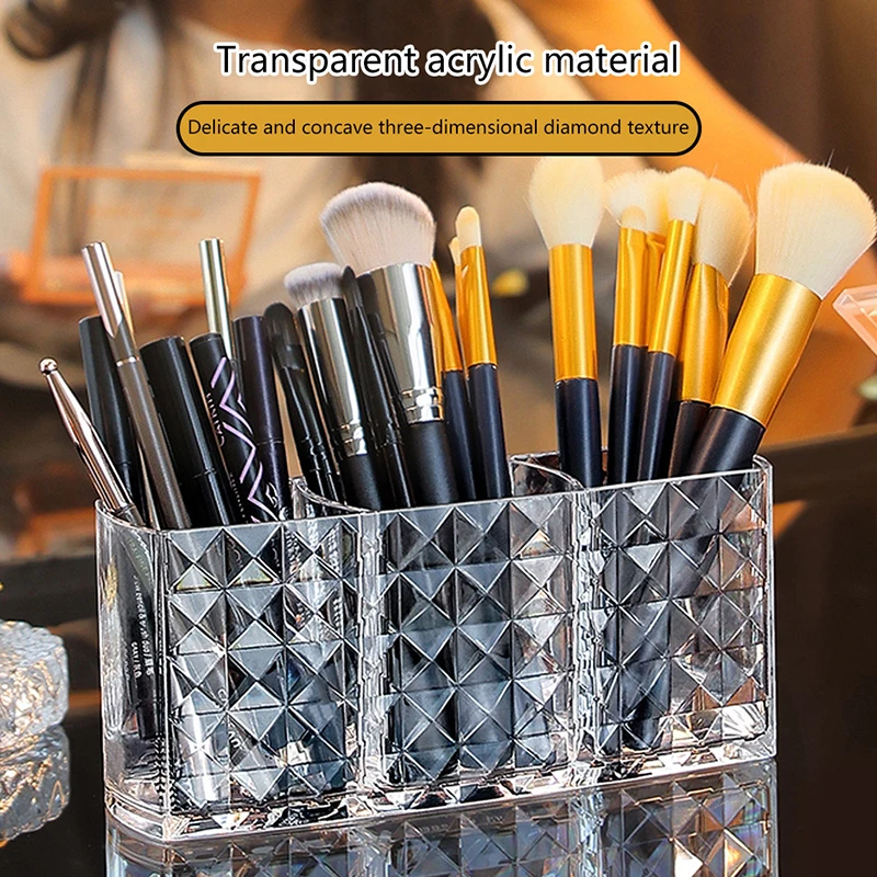 3 Grids Makeup Brush Storage Bucket Acrylic Box Transparent Brush Bucket Organizer Brushes Container Desktop Accessories