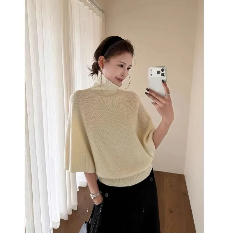 Women's French Turtleneck Knit Cape Loose Batwing Short Sleeve Elegant Casual Sweater Top