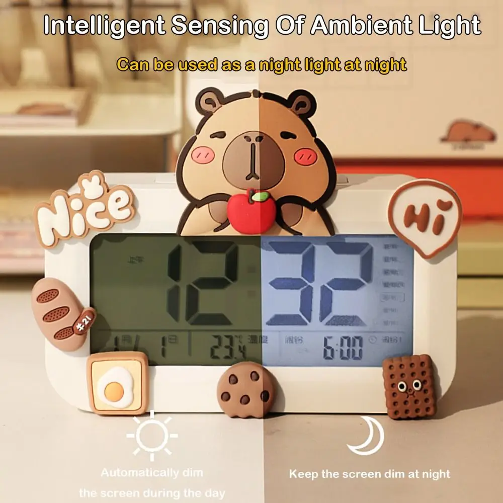 كارتون كابيبارا ساعة رقمية صغيرة شحن عرض درجة الحرارة والرطوبة ساعة منبه ساعة إلكترونية محمولة