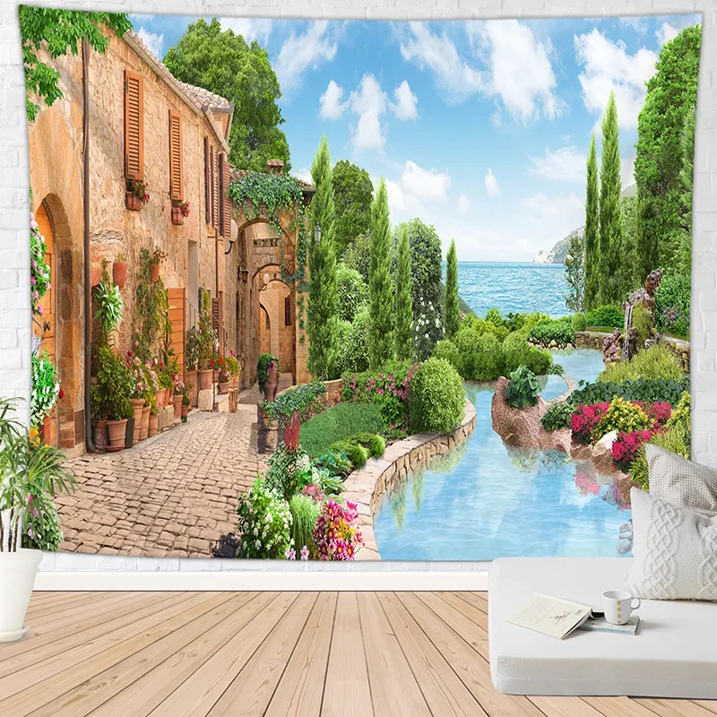 Landscape Tapestry Retro European Holiday Decorations Natural Scenery Sea Mountain Beach Dormitory Home Decor INS for Balcony