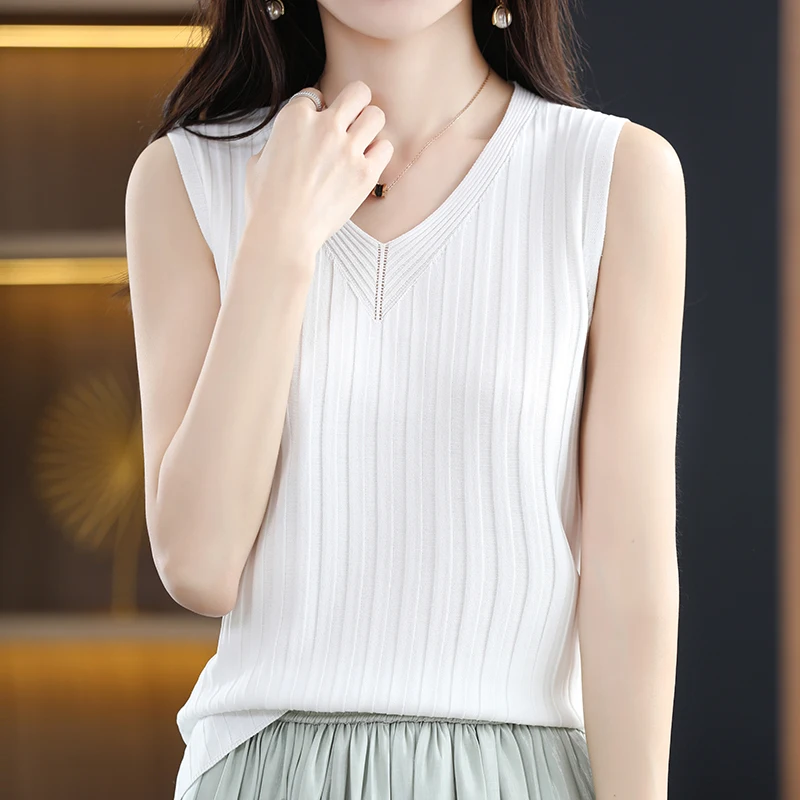 

Sueter Feminino Fashion Sleeveless Knitted Sweater Women Pullovers White V-Neck Knit Sweater Pullover Women Tops Sweaters E573