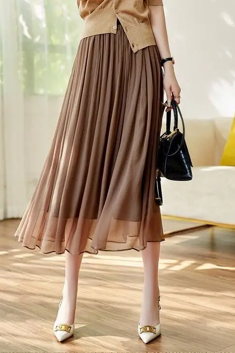 Korean Women Summer MIDI Skirts Fashion Vintage Print Elastic Waist Loose Female Elegant Street A-line Skirt Clothing Trend S775
