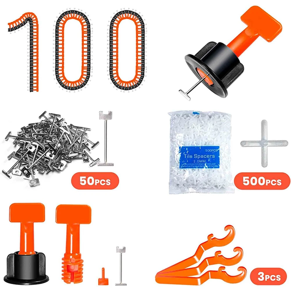 

Tile Leveling System Kit,Tile Leveler Spacers+1/12" Cross-shaped Tile Spacers+Wrench+50pcs 1/16" Replaceable Spare Steel T-Pin