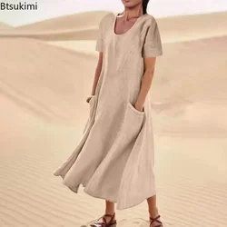 2026 Women's Summer Cotton Linen Maxi Dress Vintage Casual Loose Pockets Long Skirts Solid O-neck Vacation Beach Dress for Women