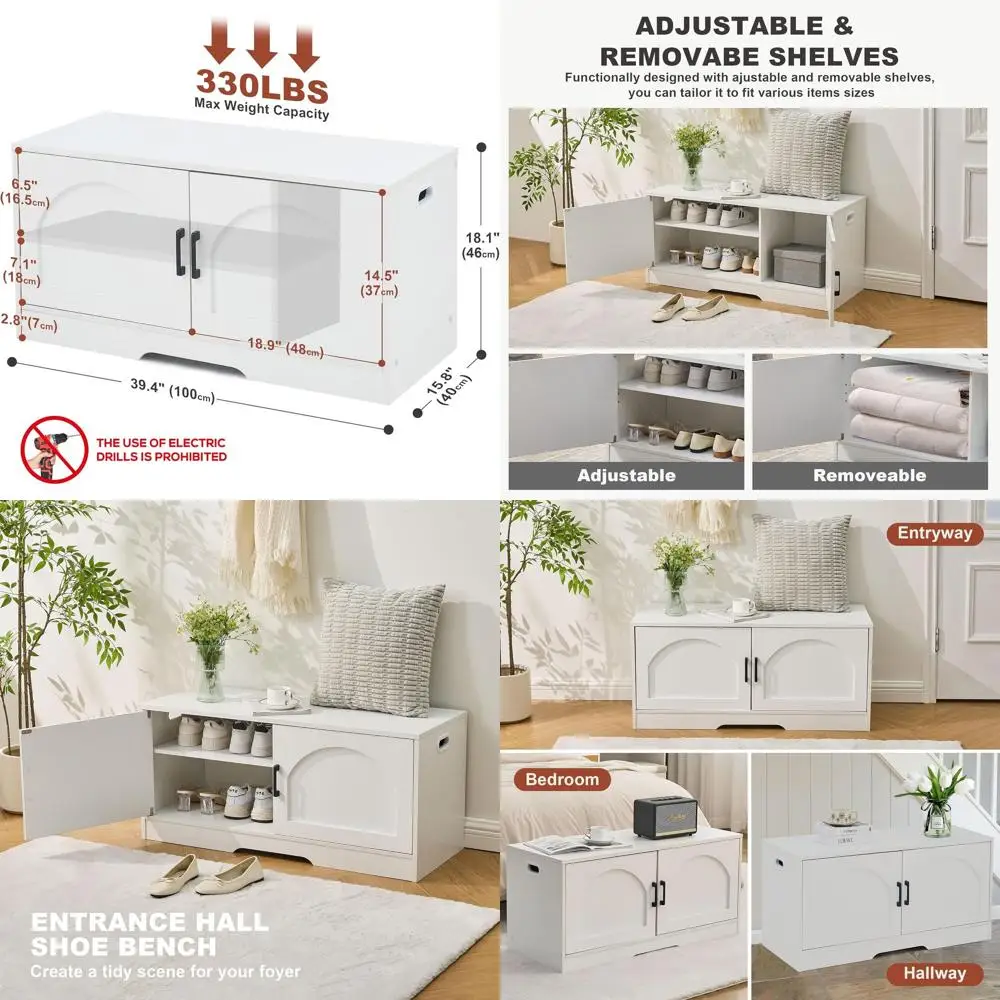 

Двухуровневая белая скамья для хранения обуви с дверцами, 39,4 x 15,8 x 18,1 дюймов, выдерживает нагрузку до 330 фунтов.