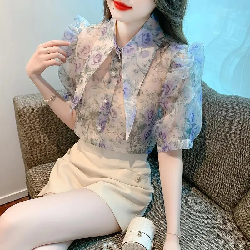 Summer Temperament Floral Blouse Femme Fashion Buttons Turn-down Collar Short Sleeve Perspective Women\'s Shirt Trend Top Tee