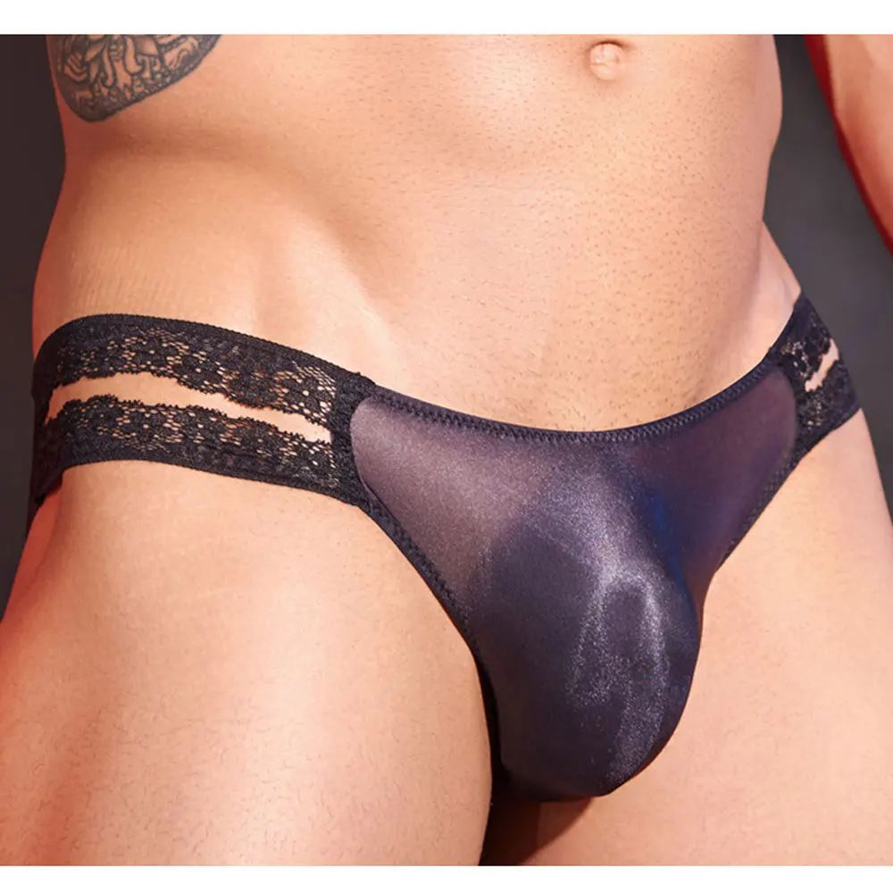 مثير الدانتيل الرجال سراويل زلة الانتفاخ الحقيبة غمد ملخصات الأزياء الجوف خارج رجل الملابس الداخلية مثلي الجنس ارتداء شير شفافة السروال