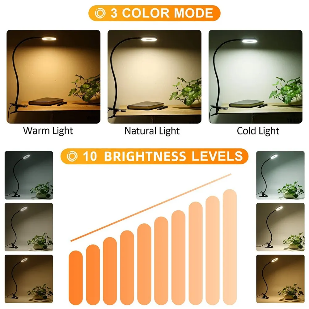 48 LEDs Desk Lamp Clip USB Book Light Bedside 360° Flexible Eye Protection Gooseneck Reading Light Brightness Adjustable 3 Leve