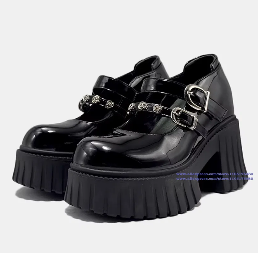 

Women's Black Patent Leather Platform Mary Jane Shoes Gothic Chunky Heel Double Strap Y2K Punk Platform Block Heel Pumps