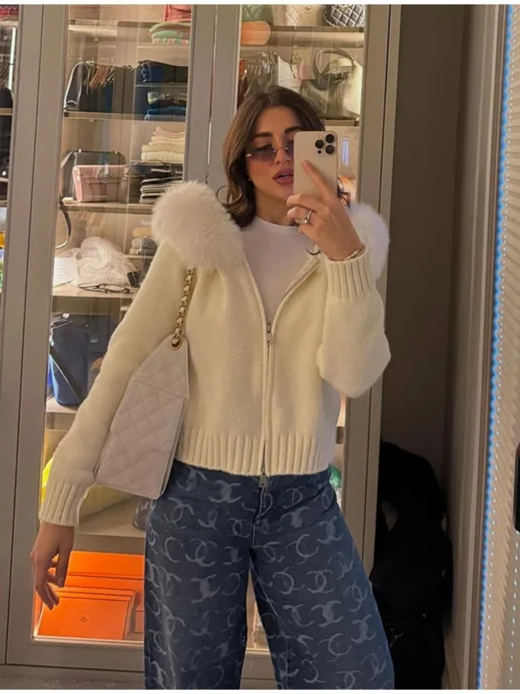 White Faux Fur Hoodies Knitted Women's Cardigan 2025 Winter New Casual Zip-up Warm Black Short Sweater Women Knitwear Streetwear - view 4