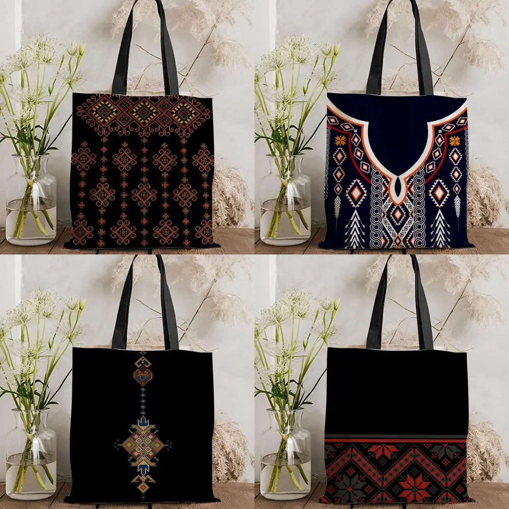Classic ethnic flowers Storage Bags Double-Sided Printed Canvas Tote Bag Eco-Friendly Reusable Large Capacity Handbag