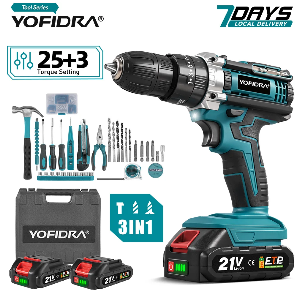YOFIDRA 25+3 Drehmoment Elektrischer Schlagbohrer Kabelloser Multifunktionsbohrer Schraubendreher Heimwerker-Elektrowerkzeug für Makita 21V Akku