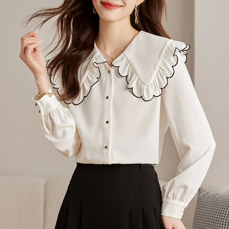 

New Long Sleeve Doll Collar Women Shirt White Chiffon Shirt Blouse Women Tops Shirts Blusas Para Mujer Camisas Blusa Blusas M475