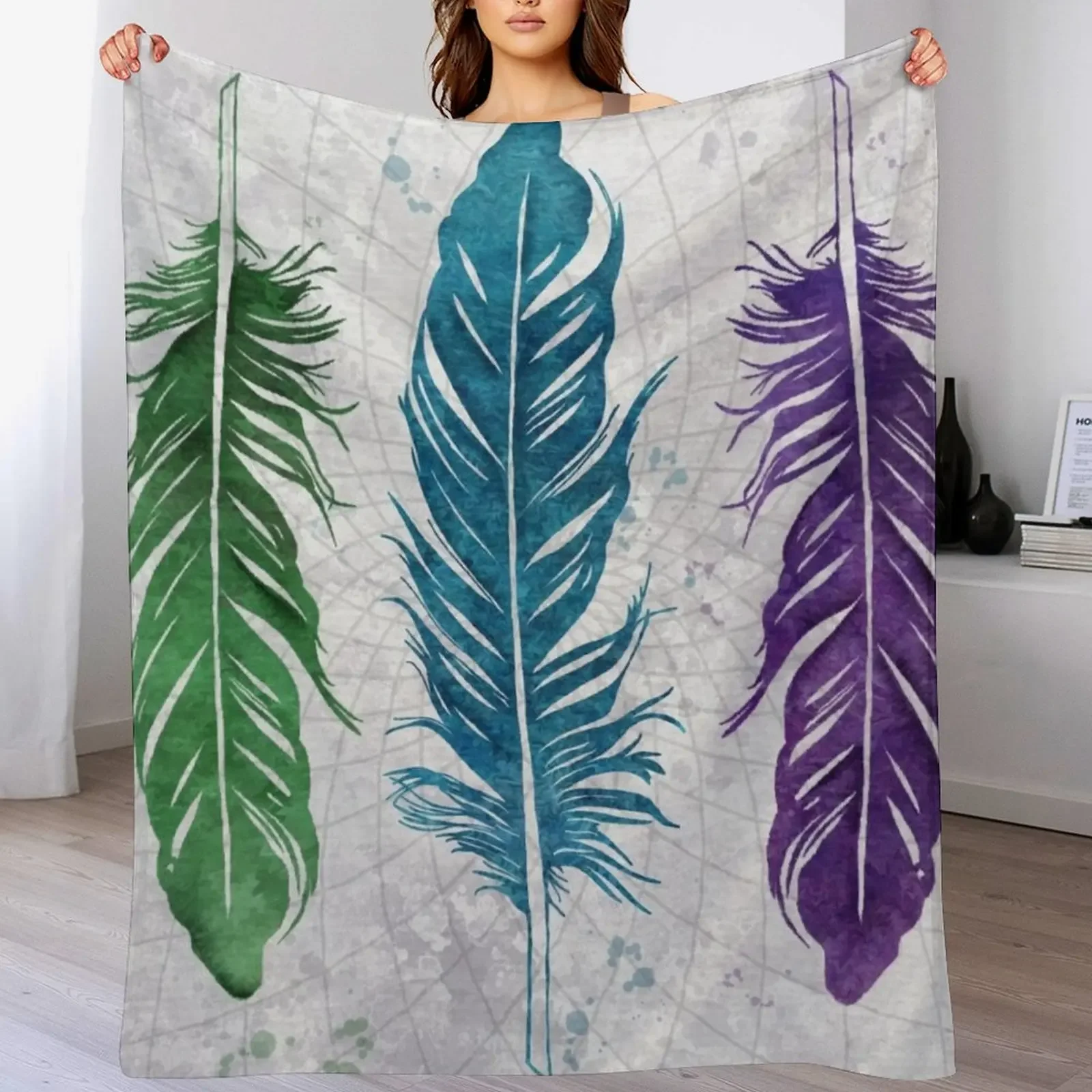 Watercolor Feathers Throw Blanket Anti Shedding Soft Fuzzy Blanket for Home