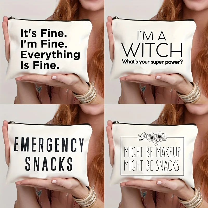 

Canvas Makeup Bag with Humorous Quotes - Daily Use and Gift Makeup Bag Designed with "I Am A Witch" and "Emergency Snack"