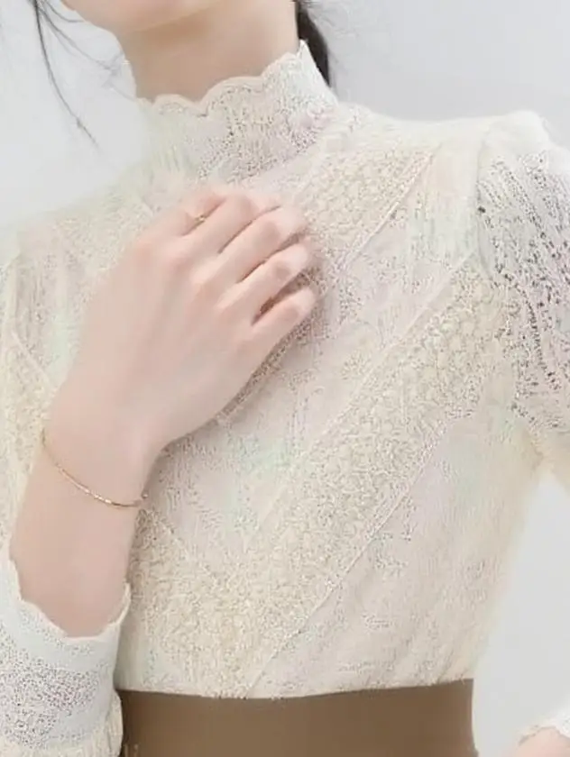 

Blouses Women Half-high Collar Subtle Lace Slim Fit French Solid Spring Autumn Feminine Minimalist Timeless Chic Wear