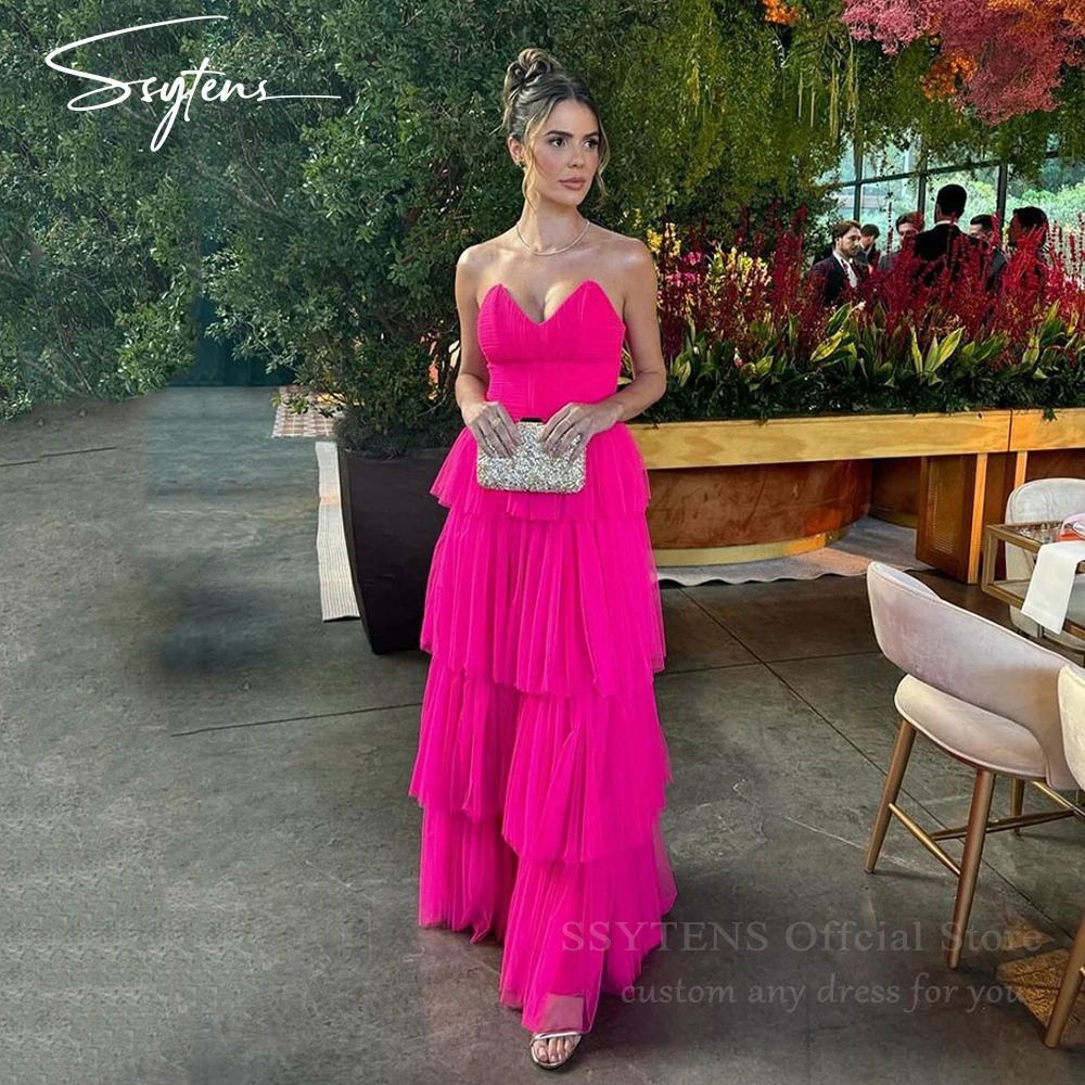 

Elegant Fuchsia Prom Dresses Woman Sweetheart Brithday Party Dresses Tiered Tulle Graceful Wedding Banquet Gowns Evening Dress