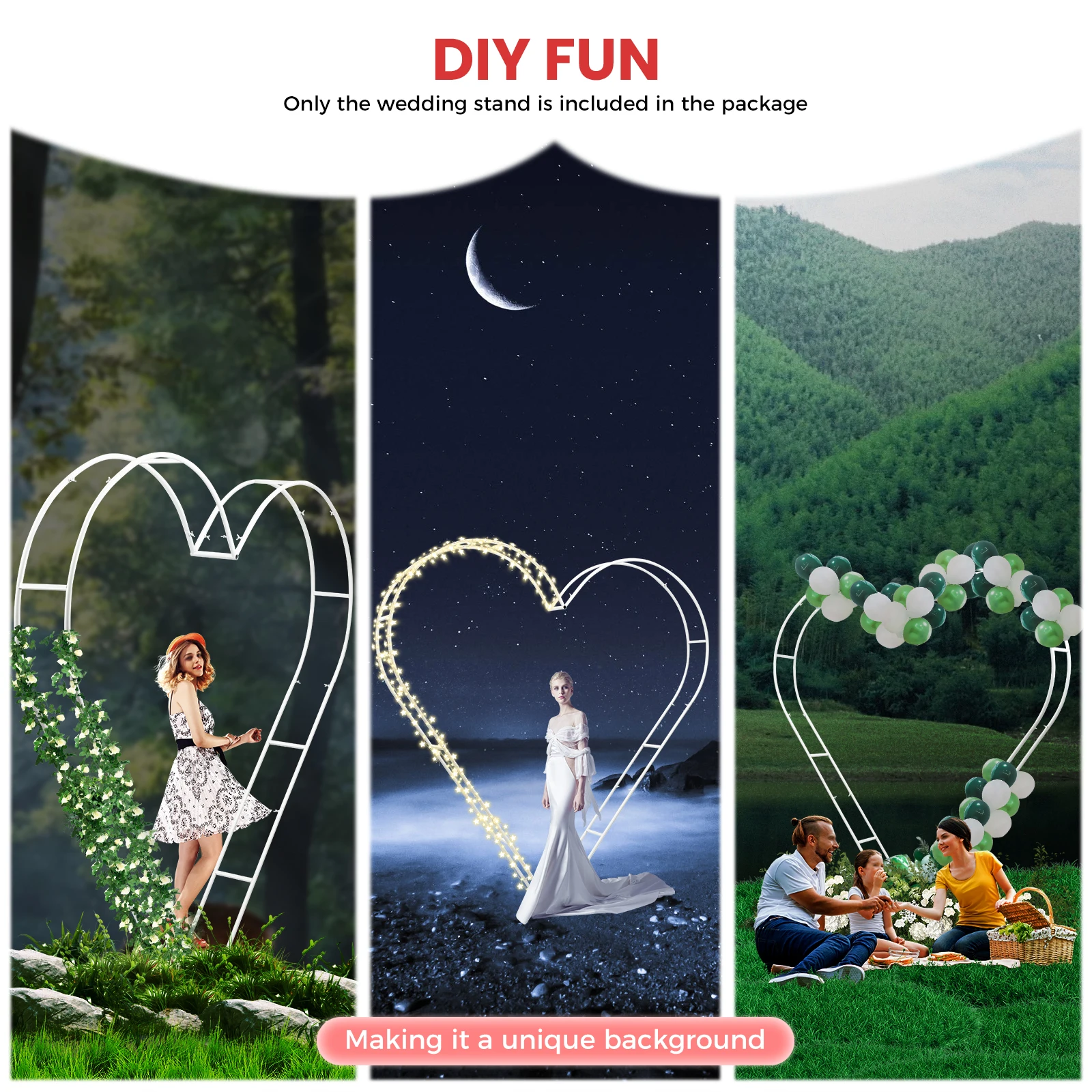 

Metal Wedding Arch Stand, White, 22.04lbs Load Capacity, Heart Shaped Backdrop Frame for Ceremony Decoration