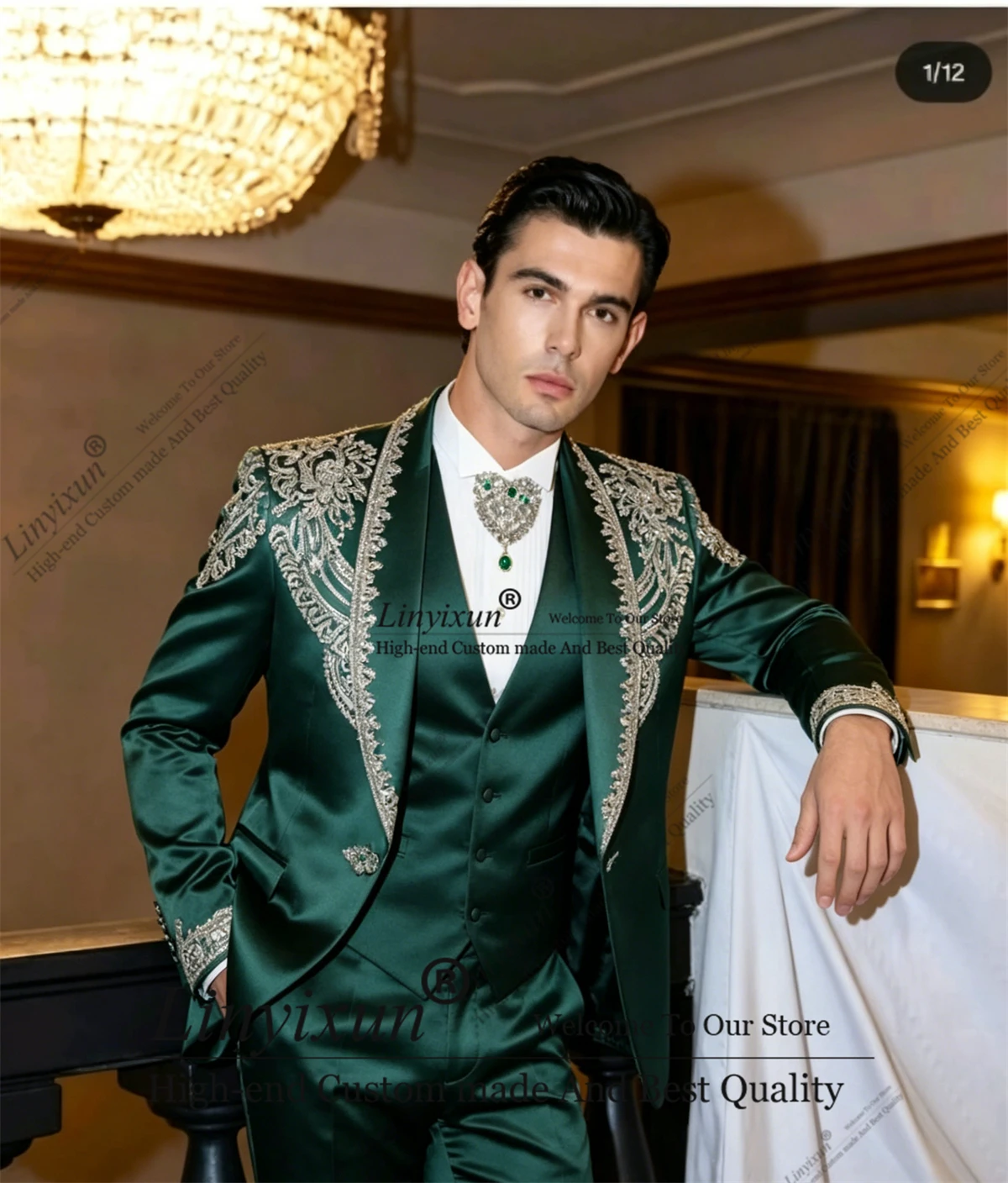 

Luxury Beaded Diamond Men Suits 3 Pieces Wedding Groom Tuxedo Glitter Lapel Male Prom Blazer Slim Customized pantalones hombre