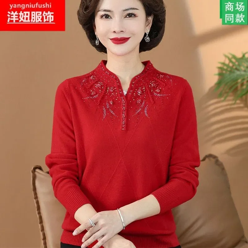 Women's Spring Autumn Sweater Diamond Keep Warm In Winter Plus Size Pullover Wool Korean Fashion Chinese Style Cheongsam Collar