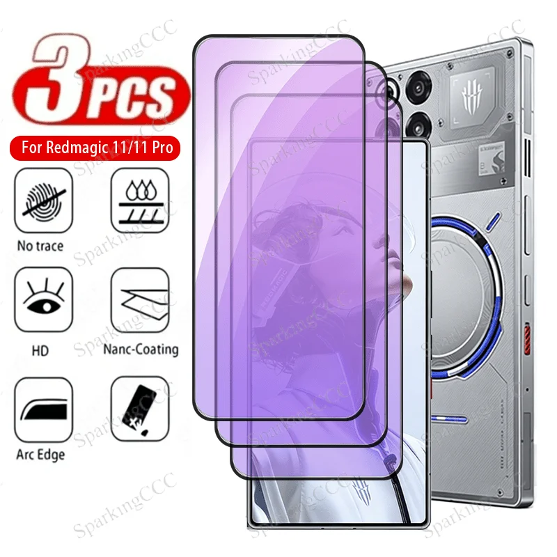 

3 PIECES Anti-Blue Light Anti-Oil Stains Tempered Glass for ZTE Nubia Red Magic 11 Pro 11 Pro+ 11 Air, Eye-Caring, Shatterproof