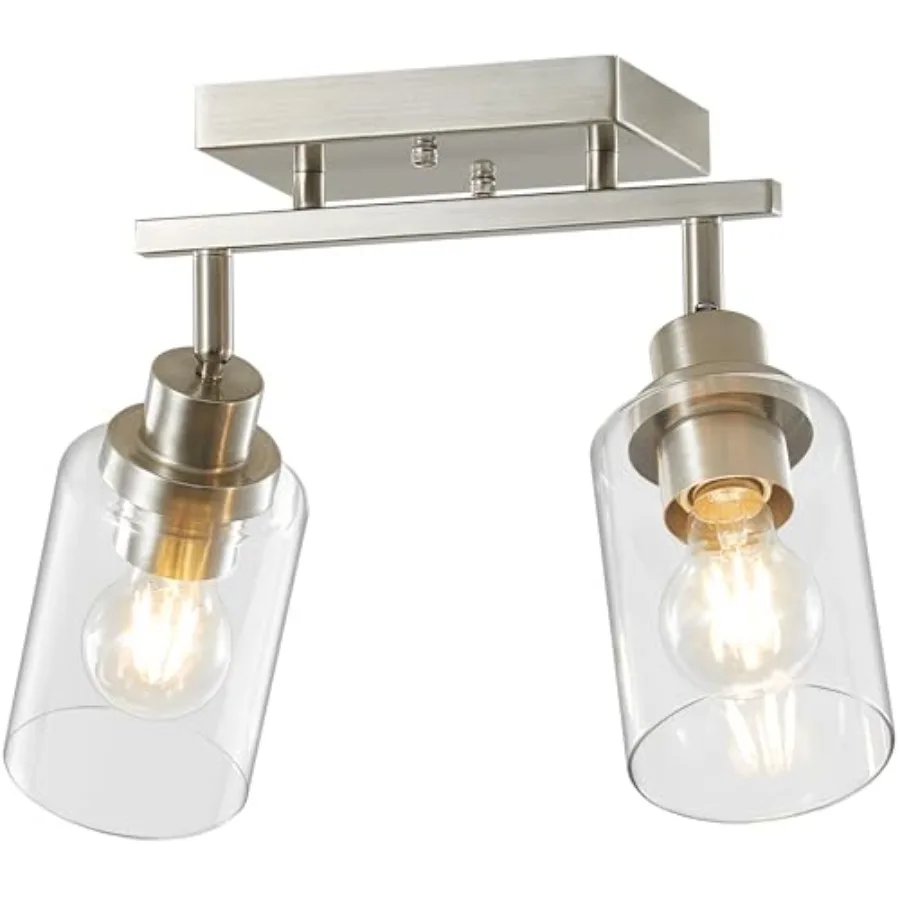 

2 Light Brushed Nickel Bathroom Vanity Track Light Fixtures Ceiling Mount Kitchen Track Lighting Kit with Clear Glass Shade Mod