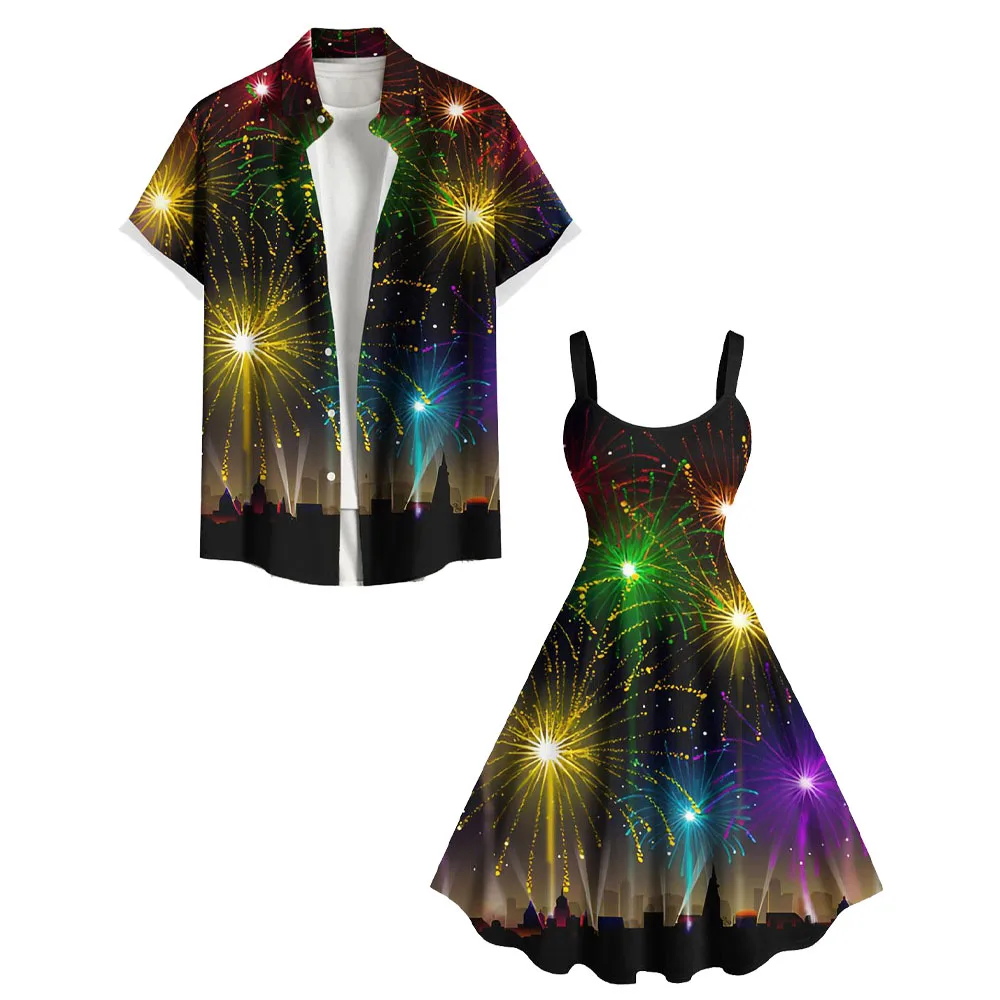 S-3X Costumes Matching Set For Couples Glitter Fireworks City Print Party New Years Eve Graphic Tee And Dress 3D Printed Outfits