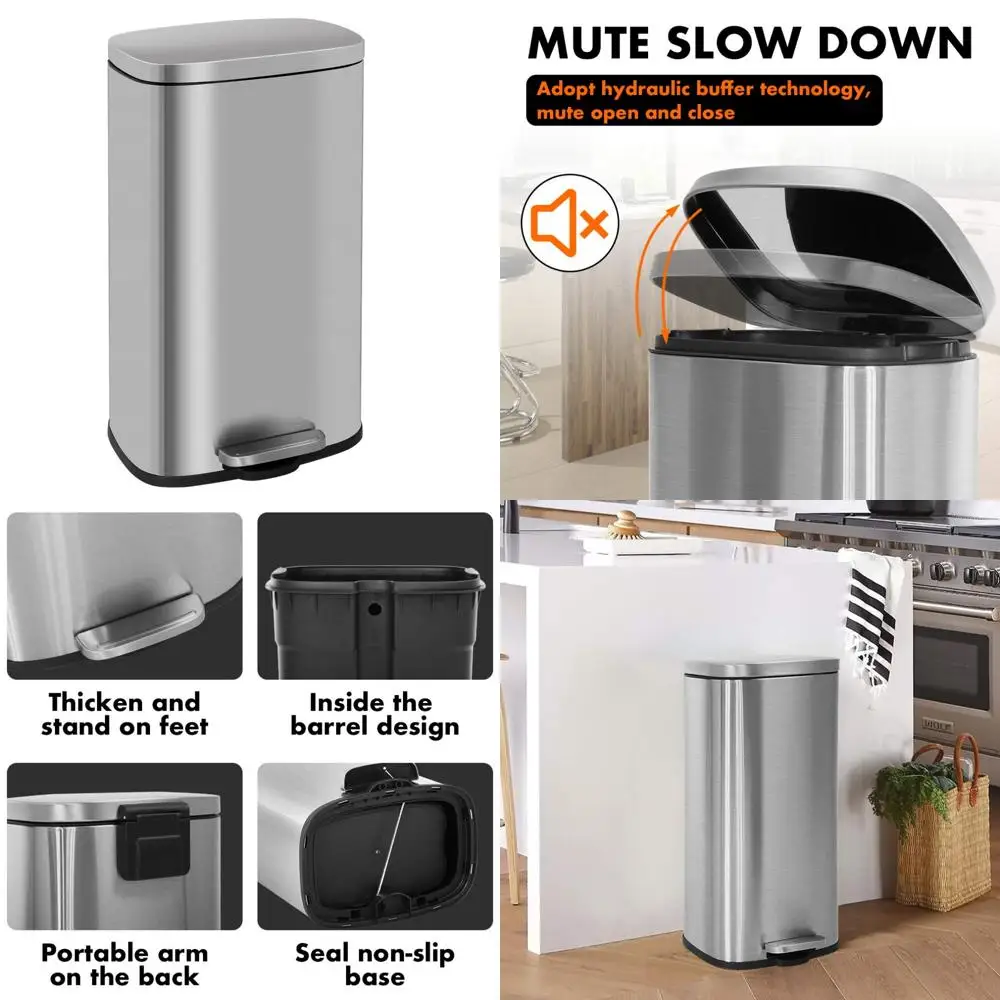 

Stainless Steel Trash Can with Soft-Close Lid, 8 Gallon Capacity, Fingerprint Resistant, Step Pedal for Hands-Free Use