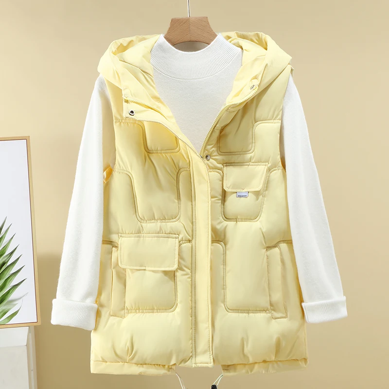 Women Hooded Puffer Vest Sleeveless Down Waistcoat Multi Pocket Quilted Gilet Autumn Winter Warm Loose Sleeveless Jacket Casual
