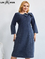 LIH HUA Women's Plus Size Denim Dress Autumn Chic Elegant Dresses For Chubby Women Cotton Knitted Bow Knot Dress