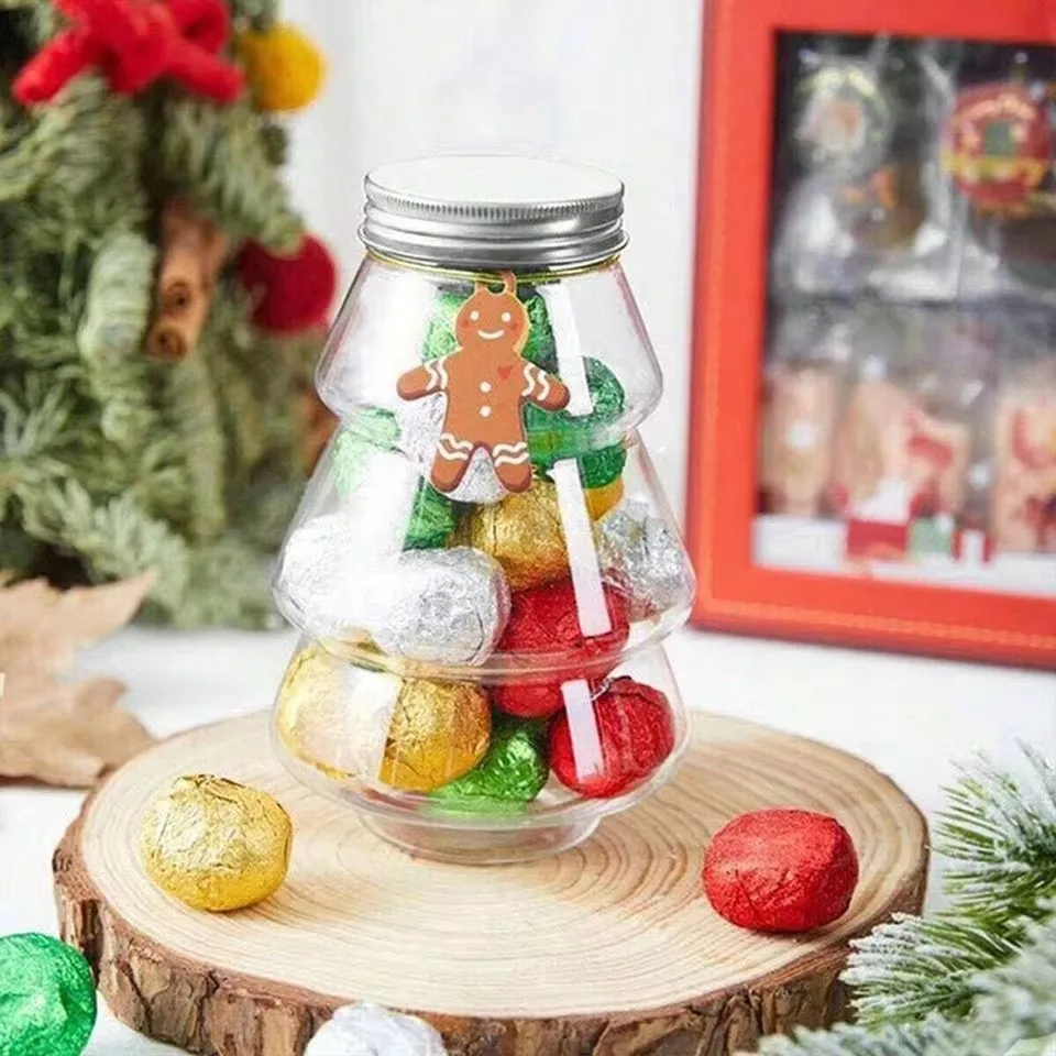 Botella de galletas y dulces de Navidad de 500ml, botellas de bebida con forma de árbol de Navidad, tarro de té de la leche y jugo, contenedor de almacenamiento de alimentos, recuerdos de fiesta