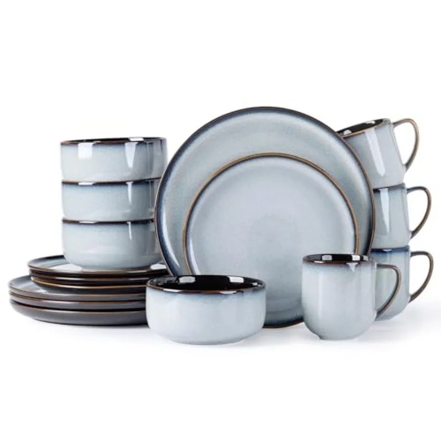 

Набор керамической посуды на 4 персоны, 16 предметов: тарелки и миски с реактивной глазурью, кружки. Высокая устойчивость к царапинам и трещинам, можно мыть в посудомоечной машине.