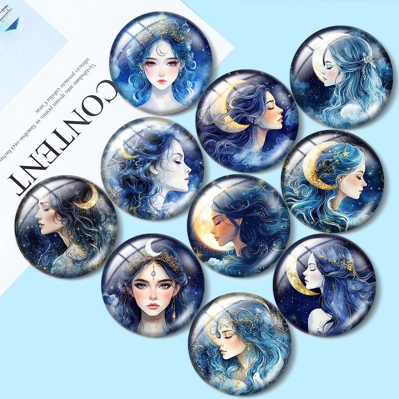 

Moon Goddess Portrait for jewelry production 12mm/25mm/30mm Round photo glass cabochon demo flat backMaking findings