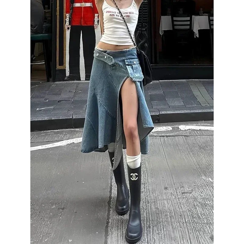 Women Vintage Blue Gothic Low Waist A-line Skirt Summer Y2k Asymmetrical Denim Skirt Harajuku Mid Long Skirts Emo 2000s Clothes