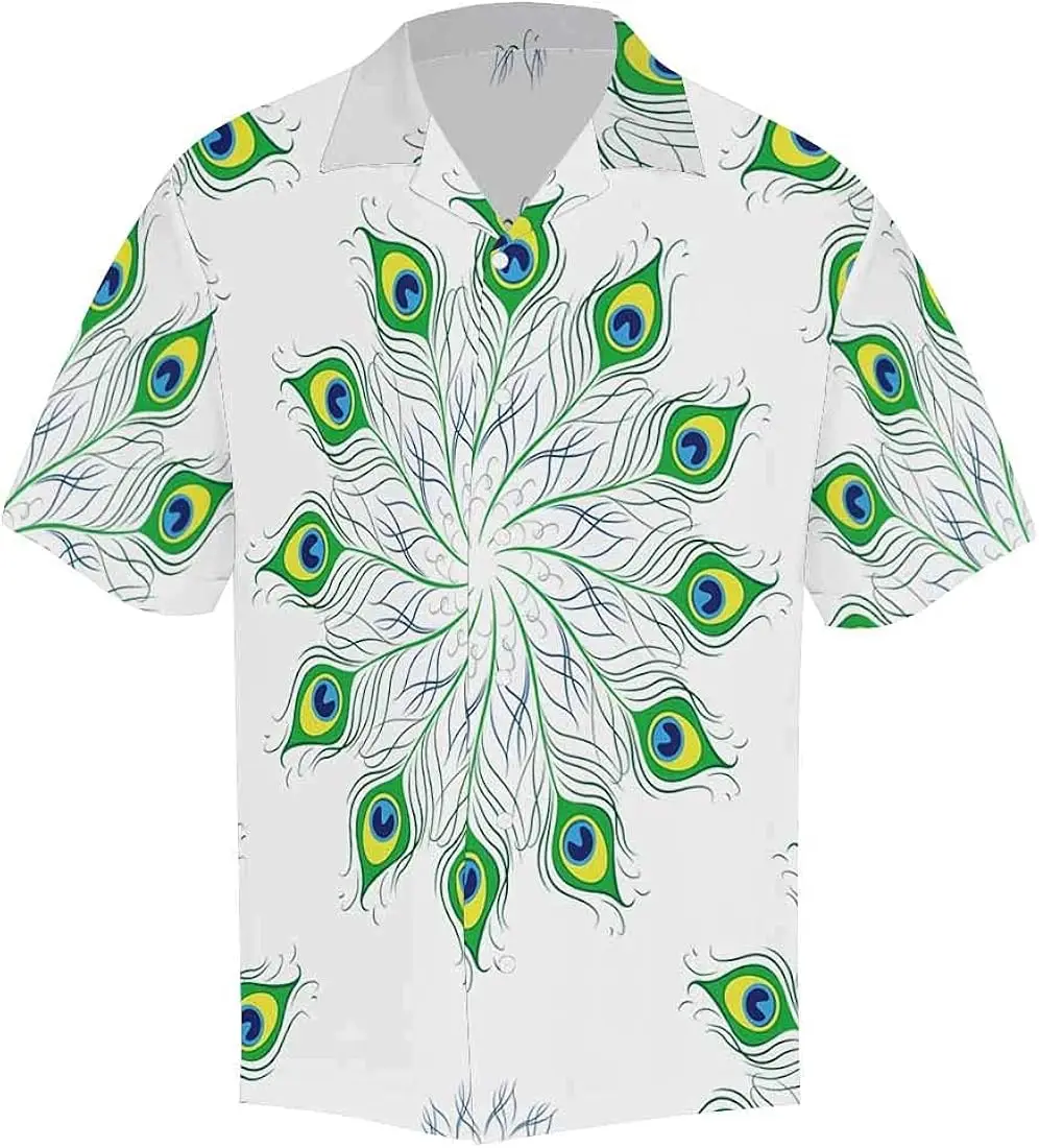 

Peacock Feather Men's Button Down Hawaiian Shirt Casual Loose Fit Cuban Collar Beach Shirts