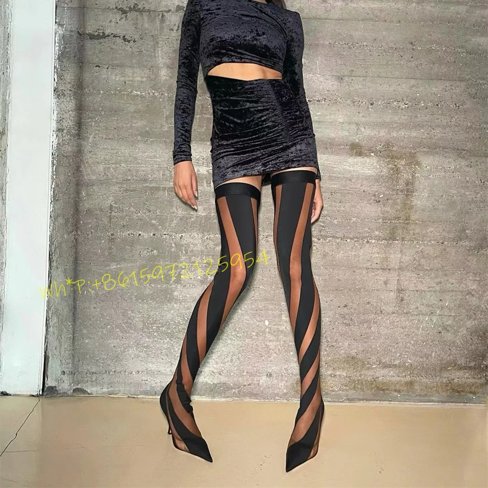 

Hollow Mesh Thigh High Stretch Boots For Women Pretty Breathable Heels Shoes Pointed Toe Striped Female Street Style Long Boots