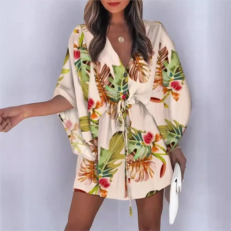 Women's Summer Fashion Flying Sleeves V-Neck Lace Up Printed Beach Dress Elegant Women's Loose Short Sleeve Leaf Mini Vestido