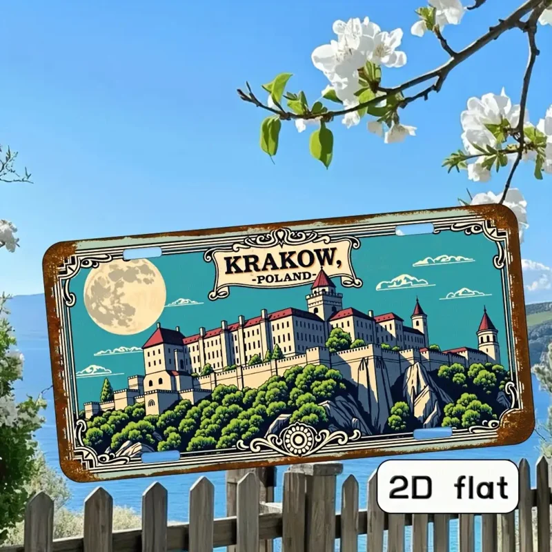 مسطح ثنائي الأبعاد - لافتة معدنية عتيقة من كراكوف وبولندا - لوحة فنية جدارية من الألومنيوم مقاس 15.24 × 30.48 سم، متينة ومقاومة للطقس