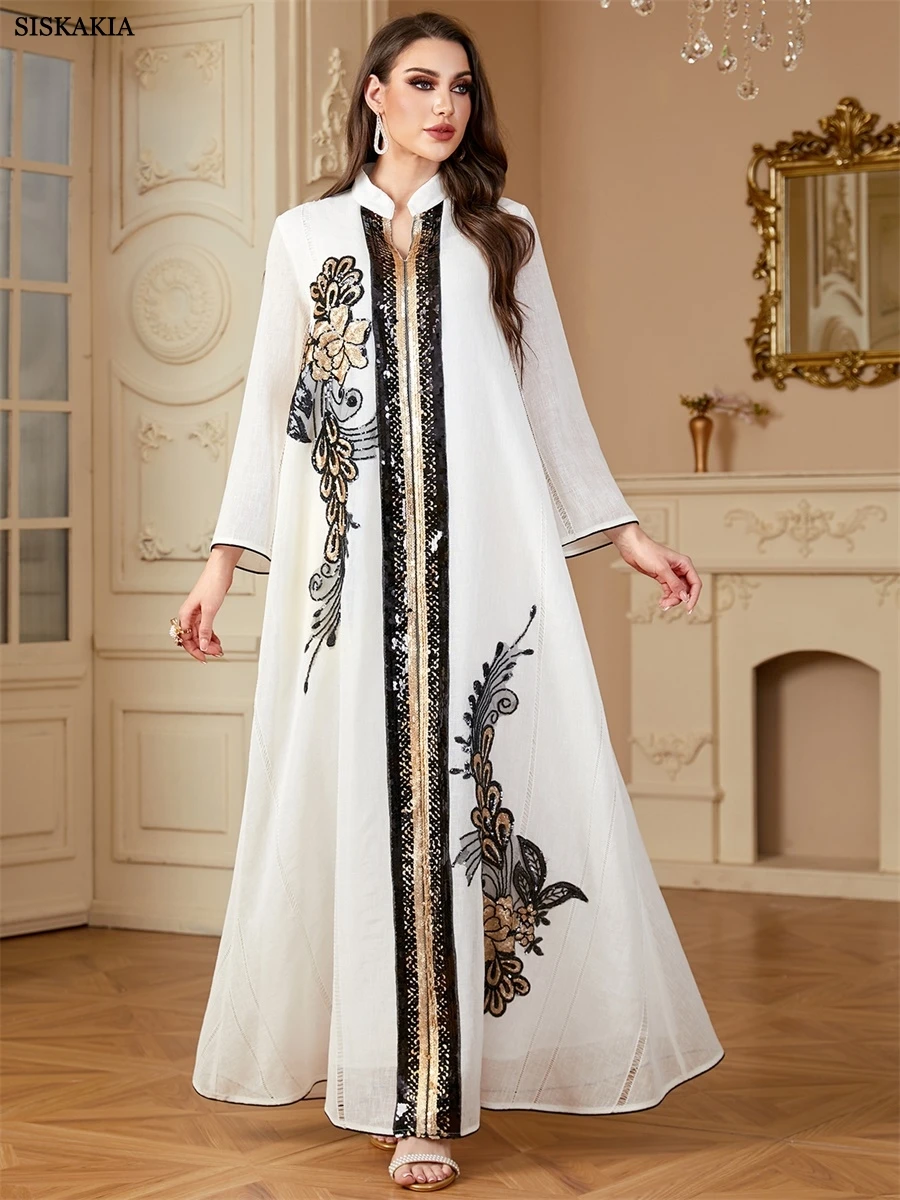 Siskakia Ramadan Muslim Embroidered Sequins Abaya Appliques Kaftan Dubai Mesh Sleeve Dresses For Women Gala